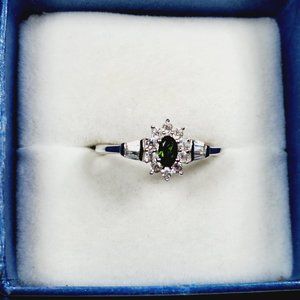 Natural green chrome Tourmaline & Zircon ring in Plat/925 SS sz 8 .70 cts